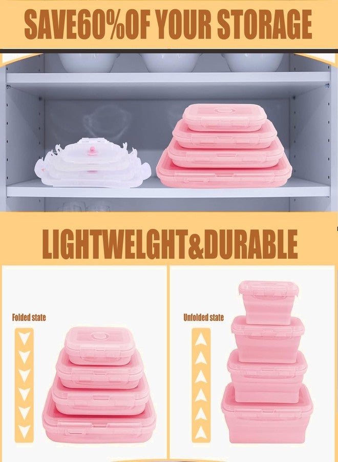 Enjamyo Collapsible Silicone Food Storage Containers Set of 4,Foldable Lunch Box Containers with Lids,Silicone Meal Prep Boxes for Kitchen,Dishwasher,Microwave,Freezer Safe(Square Pink) - Image 4